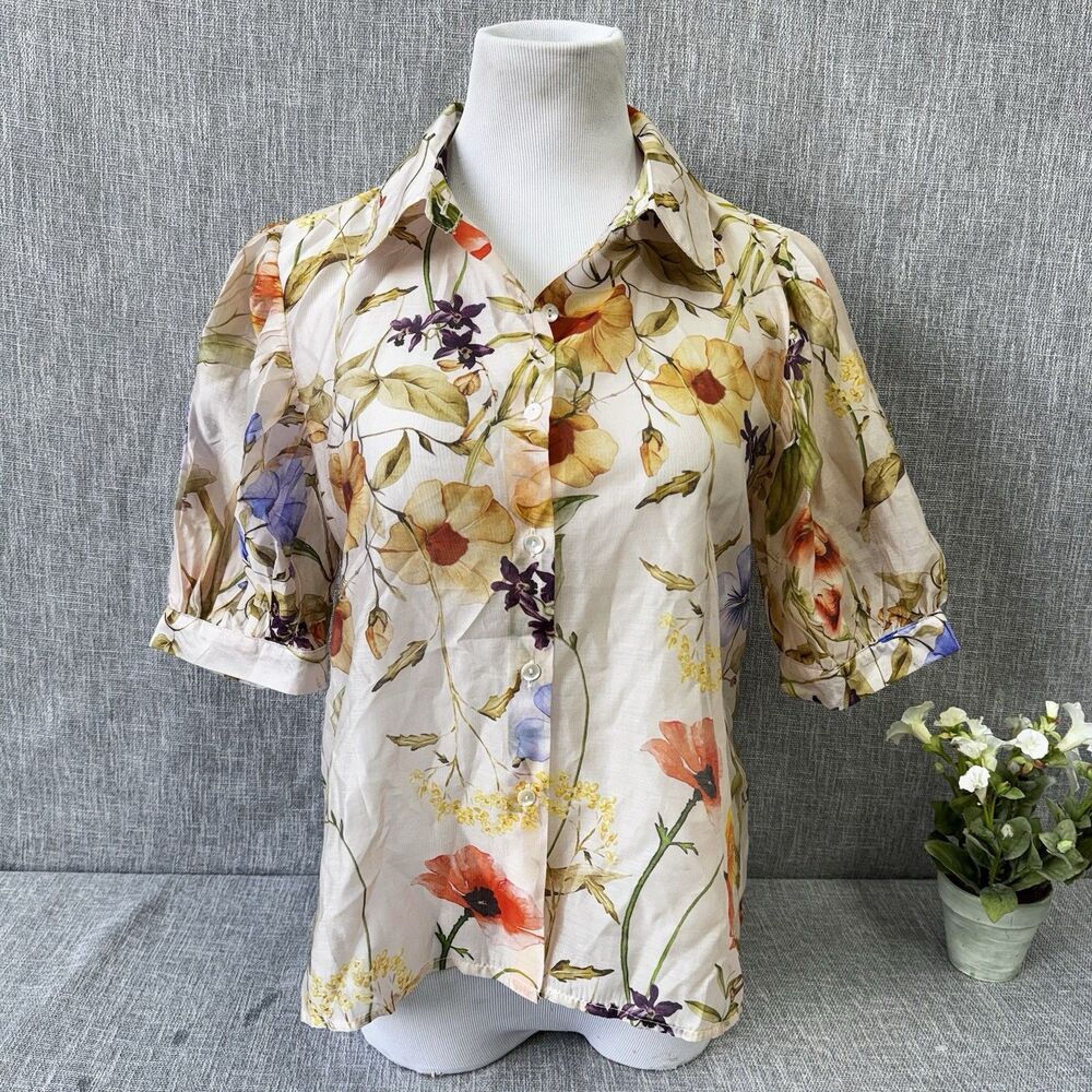 Lucky & Coco Floral Puff Sleeve Linda Blouse Medium Cottagecore Boho button up